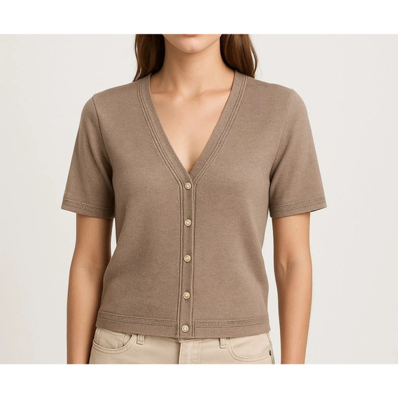 Joie V-Neck Short Sleeve Button Front Size XL Taupe Womens Cardigan Quiet Luxury - Picture 2 of 10